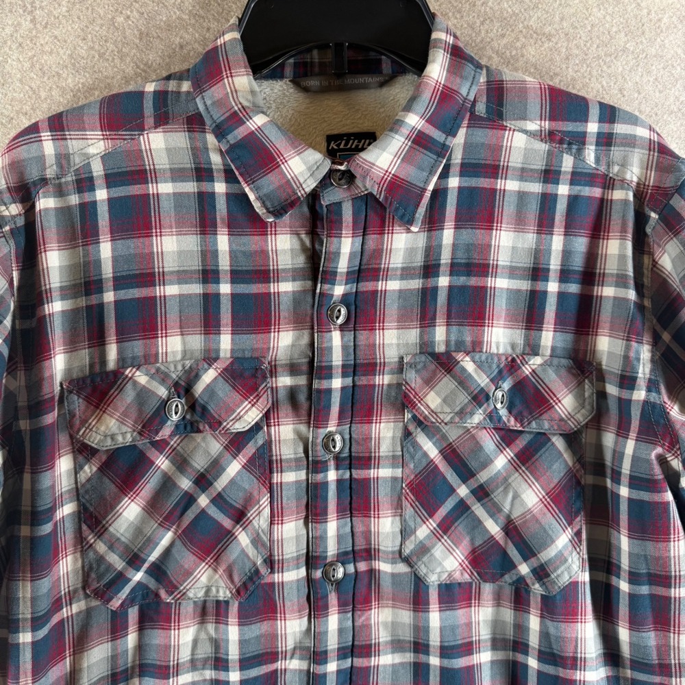 Kuhl Joyrydr Fleece Lined Flannel Shirt Jacket S Red Blue Plaid Snap Front 15F